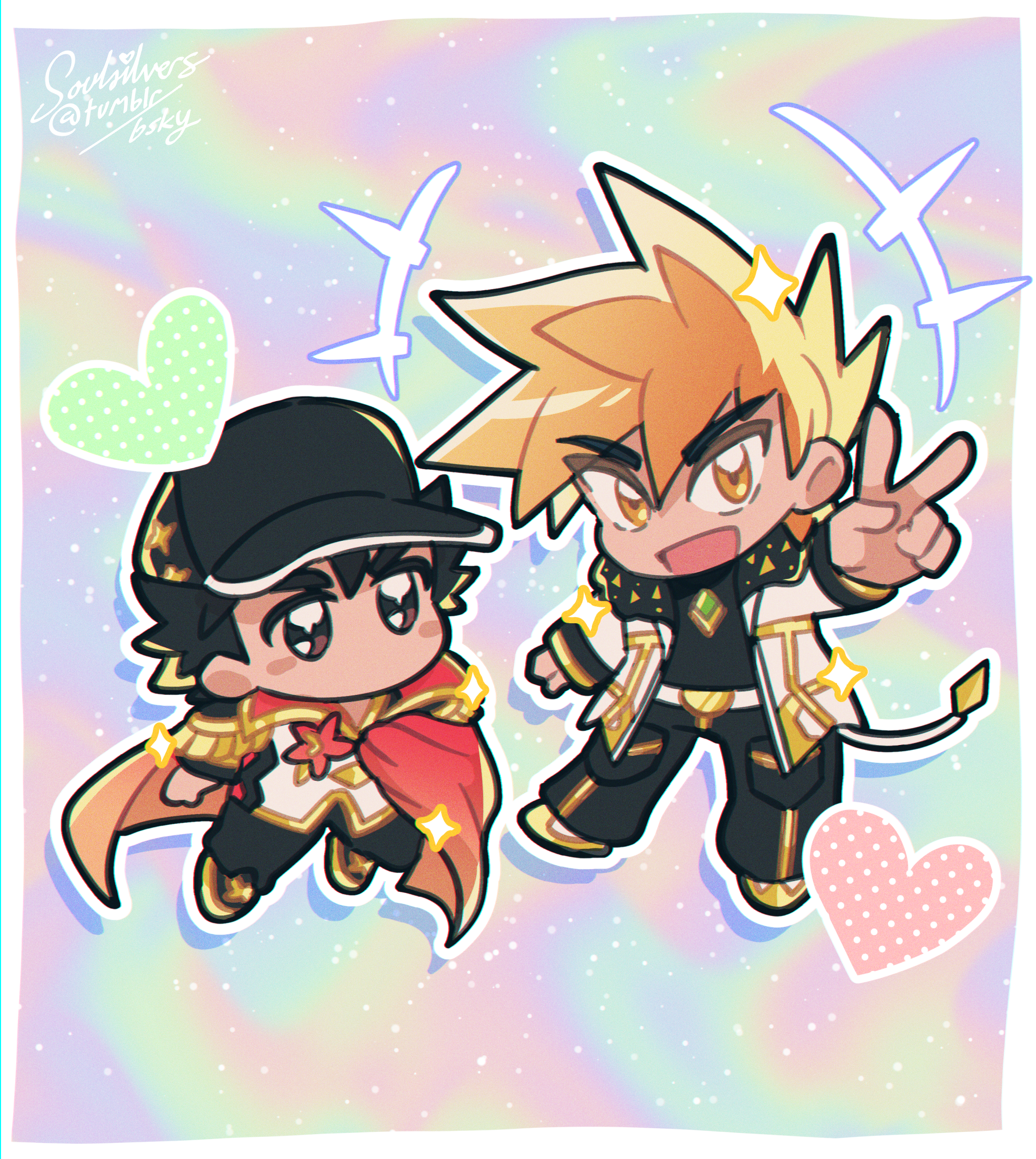 An illustration of chibi Red and Green Oak from Pokemon Masters. Green is giving the peace sign and smiling while wearing his Arc Suit. Red is wearing his Anniversary suit, looking at Green with sparkling, determined eyes.