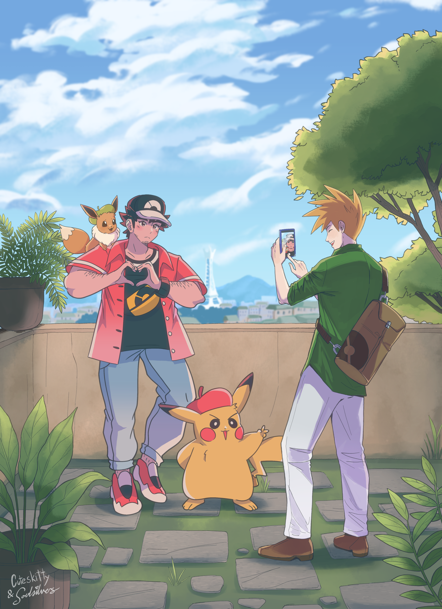 A collaboration artwork by Soulsilvers and Cuteskitty featuring Red, Green Oak and their Eevee and Pikachu from Pokemon visiting Kalos. Red and Pikachu, drawn by Soulsilvers, are posing for a picture, with Red making a heart with his hands and Pikachu making a peace sign. Green and Eevee were drawn by Cuteskitty, with a smiling Green taking a picture of Red while Eevee is on Red's shoulder. The two are on a rooftop surrounded by plants (painted by Soulsilvers), with a view to Lumiose City and the Prism Tower (painted by Cuteskitty).