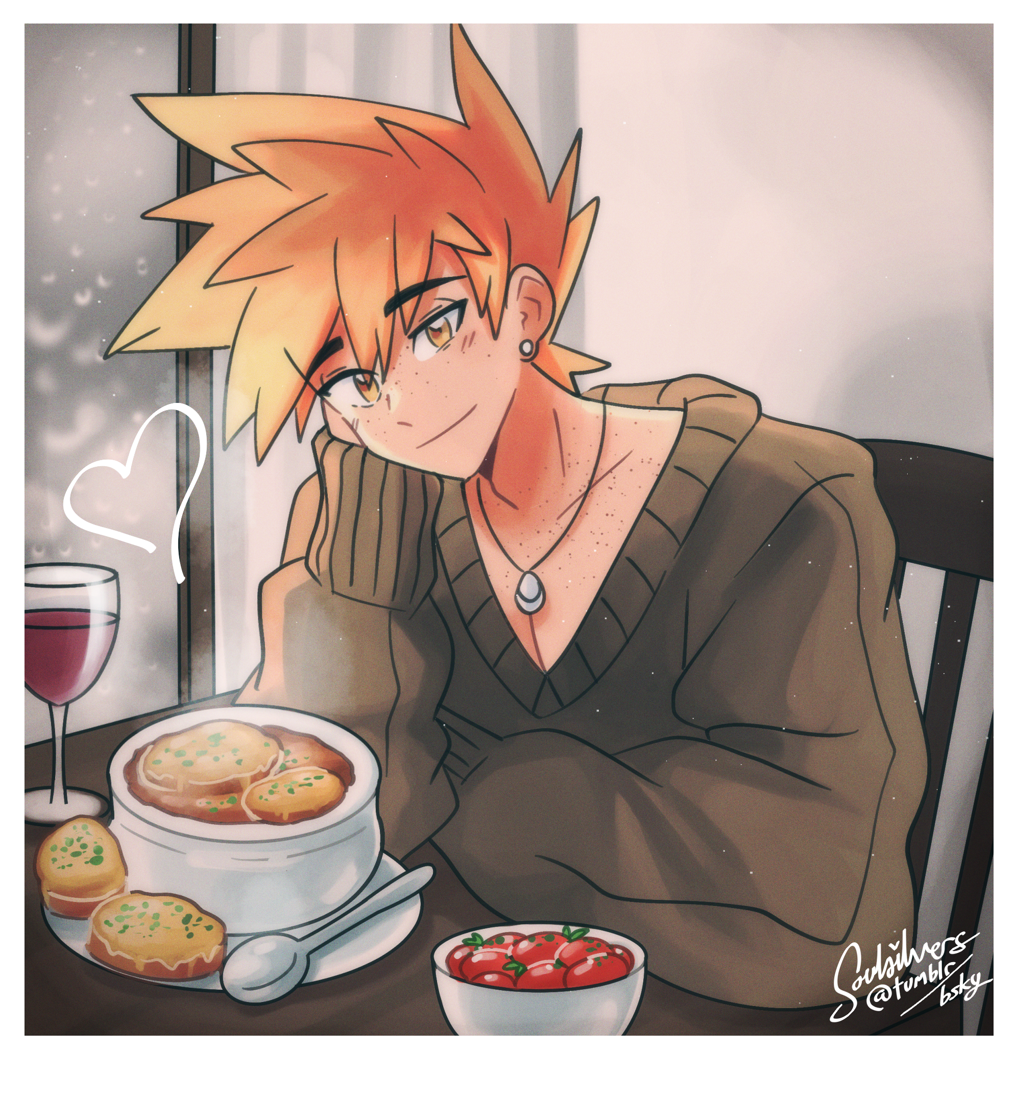 Illustration of Green Oak from Pokemon sitting at a dining table and looking at the camera with a relaxed expression. In front of him is a bowl of french onion soup, cherry tomatoes and a glass of wine. The weather outside is rainy.
