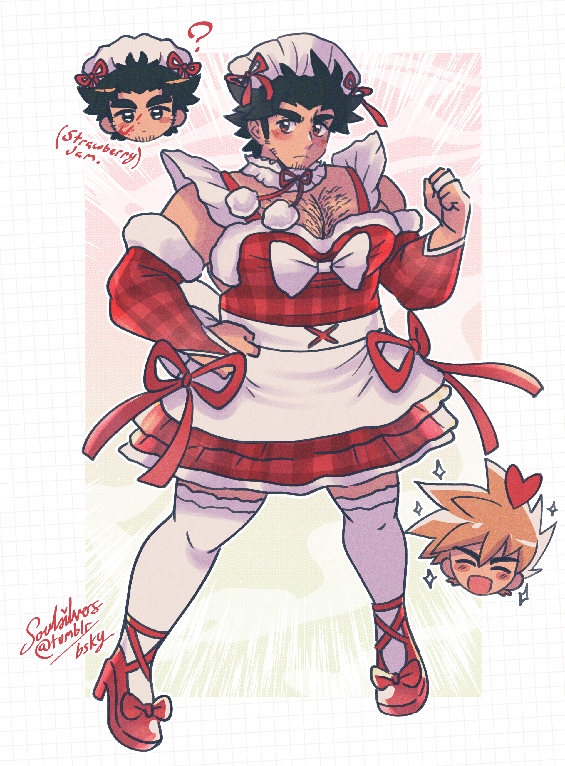 An illustration of the artist's interpretation of adult Red from Pokémon wearing a red maid dress in a determined pose. The chibi Red has a splatter of a red substance on his cheek, with a text indicating it's strawberry jam. A chibi Green looks at him happily and lovingly.