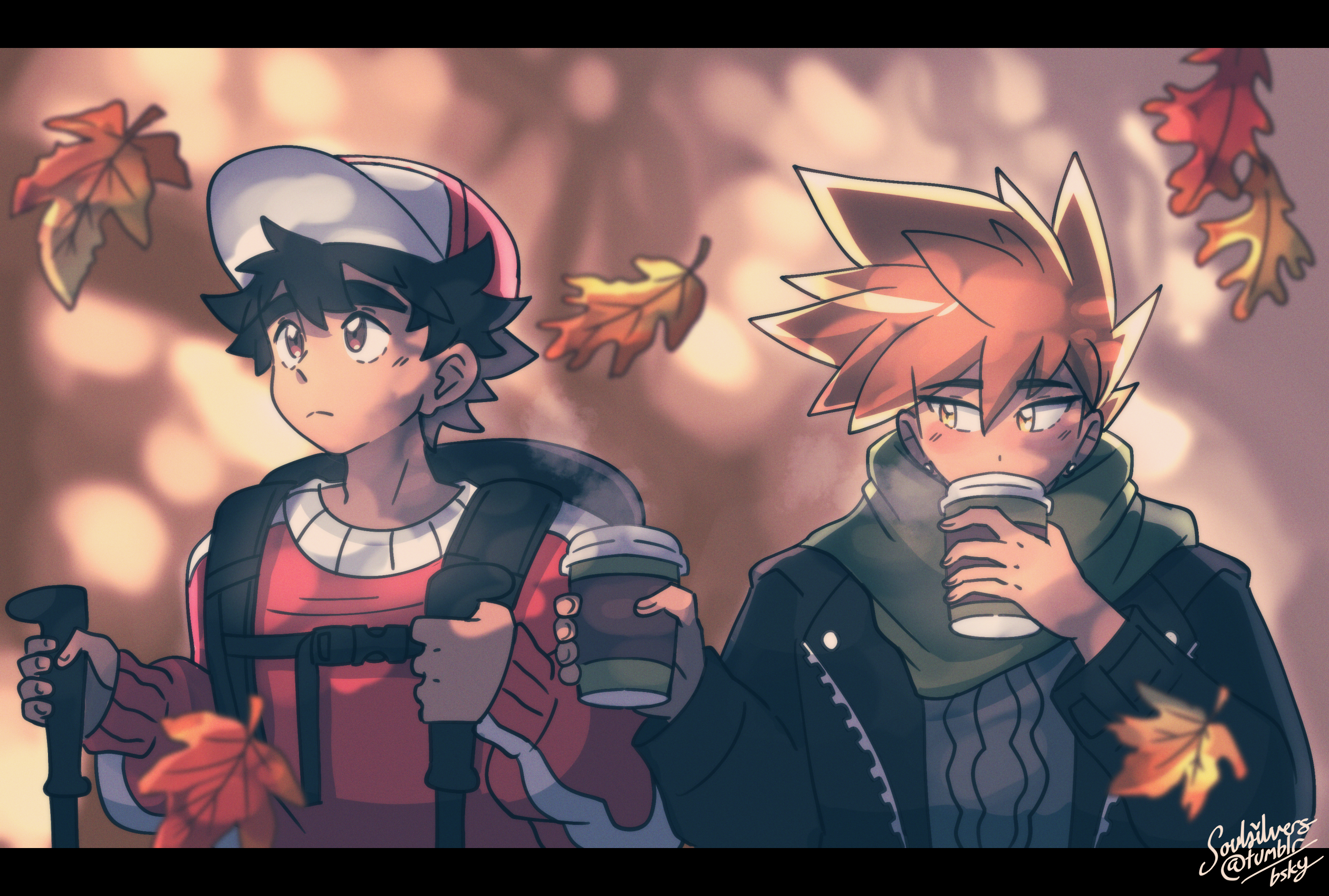 An illustration of Red and Green from Pokemon sitting down after a hike, watching autumn leaves fall. Green is drinking takeaway coffee with an unsure, pensive expression on his face while handing Red another one.