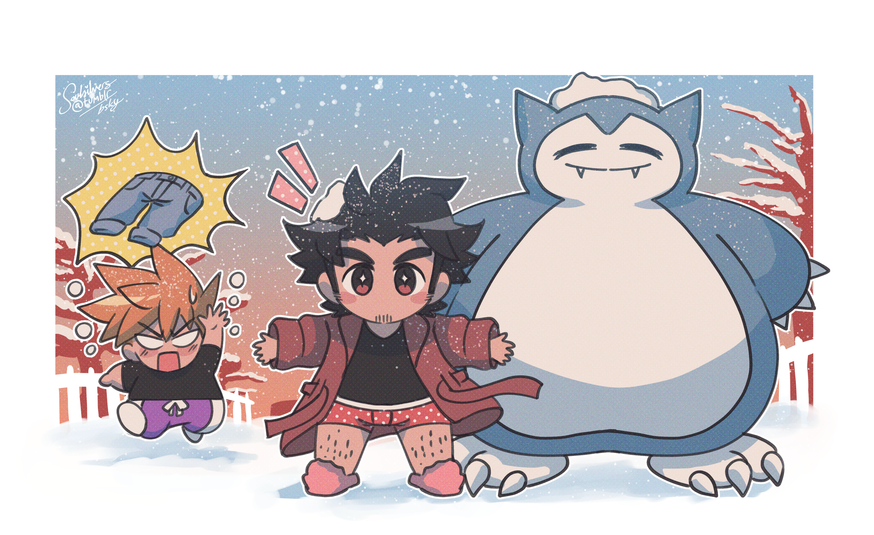 Illustration of Red, Green and Snorlax from Pokemon embracing the first snowfall near their house. Red is in pyjamas and only wearing underwear, as a flustered Green rushes to hand him pants.