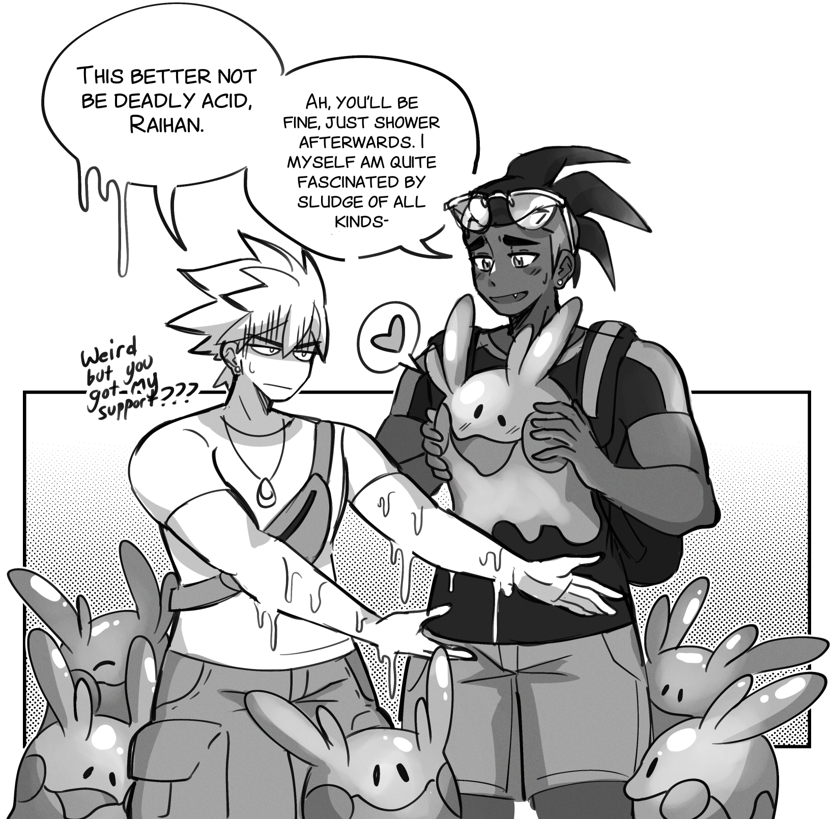 A sketch of Green Oak from Pokemon exploring the bogs along with Raihan, who is somewhat younger and less experienced here than in Sword and Shield. They end up surrounded by happy Goomi and a grossed out Green is covered in one's goo as a slightly nervous Raihan grabs it to himself. Green says 