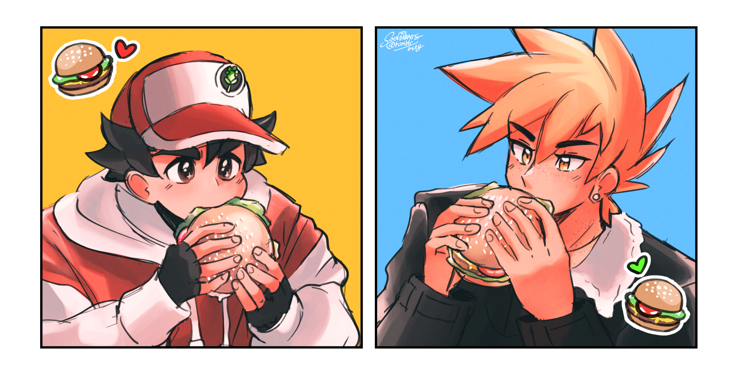 Sketches of Red and Green from Pokemon eating hamburgers.